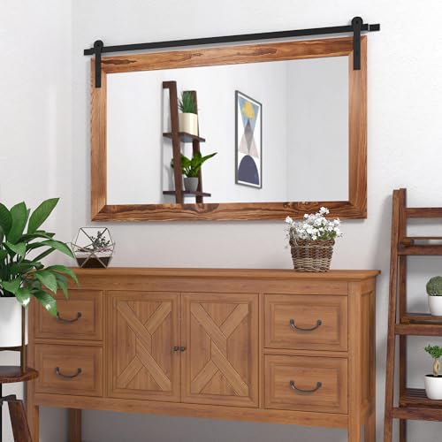 COGOOD Farmhouse Barn Door Mirror - 41" x 26" Rustic Wood Framed Wall Mirror for Bathroom, Living Room, Bedroom Wall Decor (Brown) COGOOD