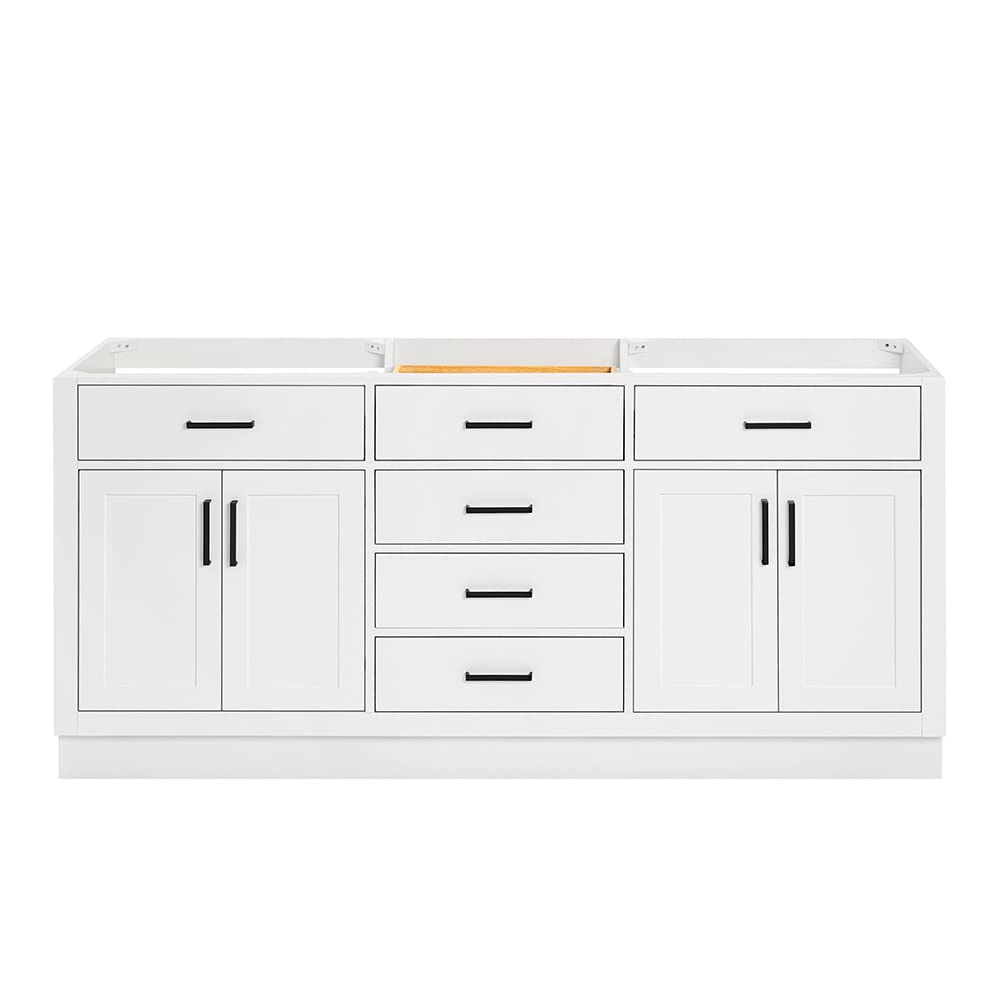 ARIEL Double Bathroom Vanity Base Cabinet 72" White, Double Sink Configuration, 4 Soft Closing Doors, 6 Full Extension Dovetail Drawers, Toe Kick, Matte Black ARIEL