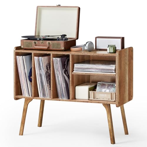 Lerliuo Record Player Stand with 4 Cabinet Holds Up to 220 Albums, Large Turntable Stand with Beech Wood Legs, Mid-Century Record Player Table Lerliuo
