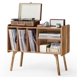 Lerliuo Record Player Stand with 4 Cabinet Holds Up to 220 Albums, Large Turntable Stand with Beech Wood Legs, Mid-Century Record Player Table Lerliuo