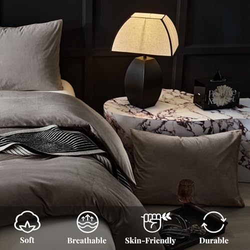 WARMDERN Khaki Flannel Velvet Duvet Cover King Size Duvet Cover Bedding Sets, 3pcs Ultra Soft Luxury Textured Modern Crystal Velvet Duvet Covers with Zipper Closure(Khaki, King) WARMDERN