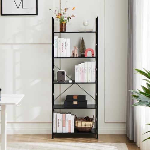Sweetcrispy Book Shelf, 5 Tier Bookcase, Tall Bookshelf Modern Book Case for Books, Garage Kit, CDs, Movies, Black Industrial Corner Storage Organizer for Bedroom Home Office Kitchen Living Room Sweetcrispy