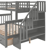 MERITLINE Grey Twin Over Full Bunk Bed with Stairs, Storage Drawers, and Safety Features MERITLINE