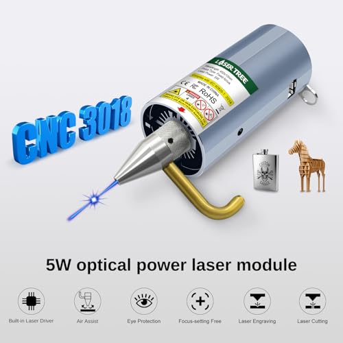 LASER TREE Laser Module, 5W(5000mW) Optical Power Output Laser Engraving Module with Air Assist, Built-in FAC, Double Ultra-Fine Compressed Spot Laser Head for 3018/3018 Pro CNC Machine Class 4, 12V LASER TREE