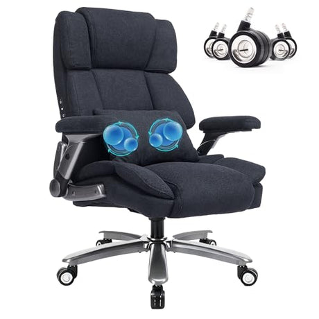 750lbs Heavy Duty Desk Chair with 3D Kneading Massage, Big and Tall Office Chairs with Ergonomic Support, 4D Armrests, 5 Quiet Dual Rubber Wheel, Thick Spring Cushion(Black-Fabric) CHAIRKER