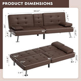 JUMMICO Faux Leather Futon Sofa Bed Futon Couch with Removable Armrests Adjustable Sleeper Sofa Bed with 2 Cup Holders for Living Room (PU Leather, Brown) JUMMICO