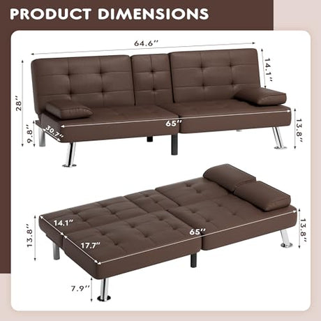 JUMMICO Faux Leather Futon Sofa Bed Futon Couch with Removable Armrests Adjustable Sleeper Sofa Bed with 2 Cup Holders for Living Room (PU Leather, Brown) JUMMICO