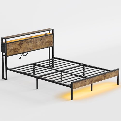 Bestier Queen Size LED Platform Bed Frame with Headboard, Storage, and Charging Station - WoodArtSupply