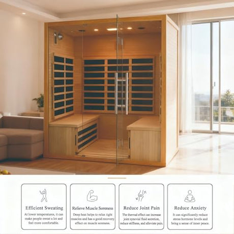 DWKWE 3-4 Person Hemlock Wood Indoor Far Infrared Home Sauna - 11 Low EMF Carbon Heaters, Bluetooth Speakers, Chromotherapy, Tempered Glass Door (220V, 2880W, for Home Gym & Family Relaxation) DWKWE