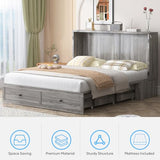Mjkone Murphy Bed, Cabinet Murphy Bed with Tri-Fold Memory Foam Mattress, Farmhouse Wooden Cabinet Beds with USB Charging Station and 2 Storage Drawers for Bedroom/Office/Guest Room-Gray, Queen Mjkone