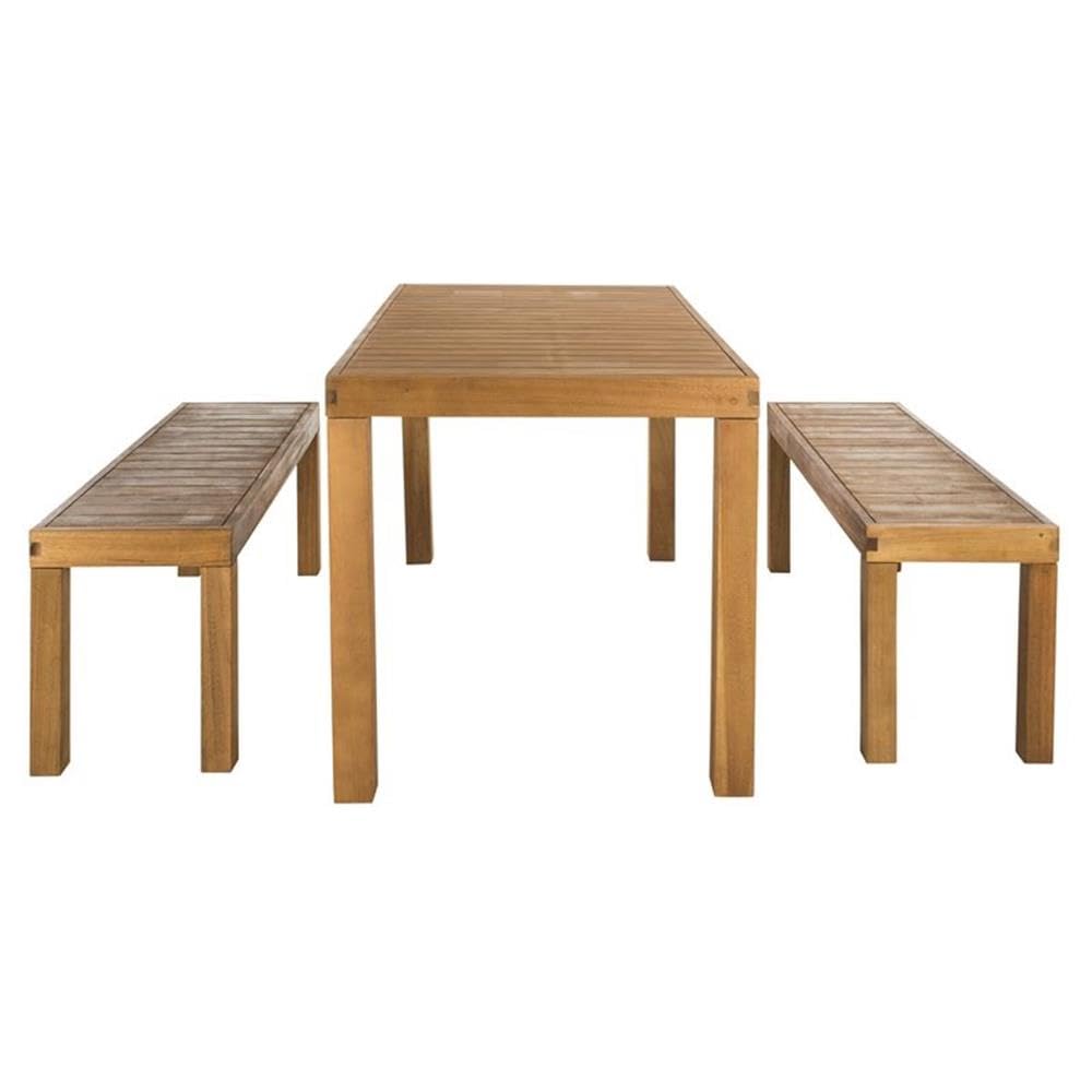 SAFAVIEH Outdoor Collection Dario Teak 3 Piece Dining Set with 59" Table and 2 Backless Benches SAFAVIEH