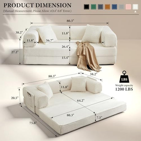AUGOP Boneless Couch Folding Couches for Living Room Sofa, Futon Sofa Bed with Sleeper Sofa, Futon Couch with Fixed-Shape Oversized Corduroy Upholstered (White, 81 Inches) AUGOP