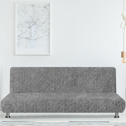 SmoothNovelty Armless Futon Cover Geometric Jacquard Plush Cover Stretch Sofa Bed Slipcover Furniture Protector Without Armrests with Elastic Bottom, Soft Jacquard Fabric Small Checks, Gray SmoothNovelty