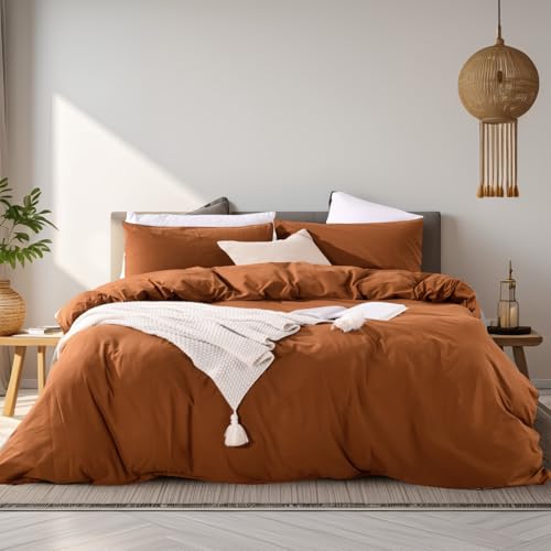 NEXHOME PRO Terracotta Burnt Orange Duvet Cover Set Queen Size Linen Textured Organic Natural 100% Washed Cotton Duvet Cover Caramel 3 Pieces Bedding Set with Zipper Closure Soft (No Comforter) NEXHOME PRO