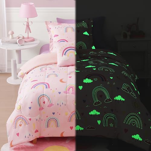 Kaleido Space Glow in The Dark Kids Comforter Set Full Size for Girls, Pink Rainbow Bedding Set 1 Comforter, 1 Decor Pillow, 2 Pillow Shams Kaleido Space