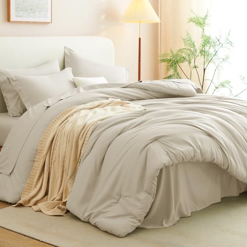 CozyLux King Comforter Set Oatmeal, 7 Pieces Bed in a Bag Soft Bedding Comforter Set with Sheets, All Season Boho 7PC Bed Sets with Comforter, Fitted Sheets, Flat Sheets, Pillow Shams and Pillowcases CozyLux