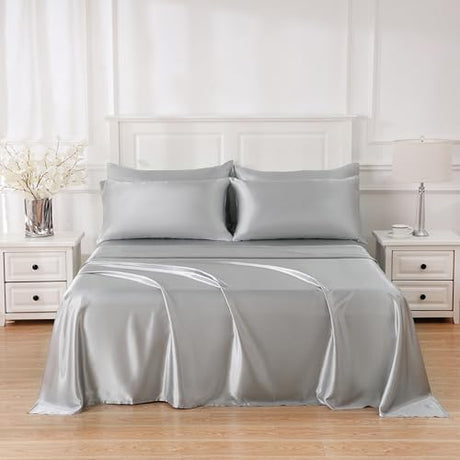 Sleeplite 4 Piece Luxury Satin Bed Sheets Set with Pillowcases - Ultra Soft & Silky, Hypoallergenic & Wrinkle-Free, Hotel Quality Comfort Bedding, Size Twin, Medium Grey Sleeplite