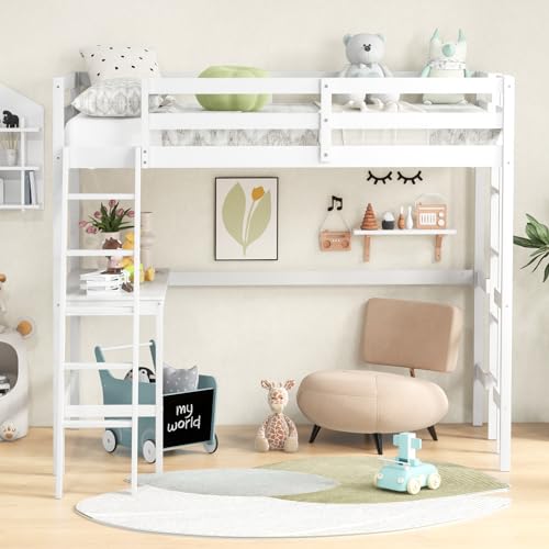 Giantex Twin Size Loft Bed with Desk, Solid Wood Loft Bed with 2 Ladders & Full Length Guardrail, Modern Space-saving Twin Bed Frame for Kids Teens Adults, No Box Spring Needed (White) Giantex
