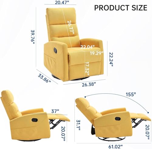 360° Swivel Rocker Recliner Chair for Small Spaces, Manual Recliner with Side Pockets for Petite Adults, Small Rocker Recliner for Living Room, Bedroom - Yellow