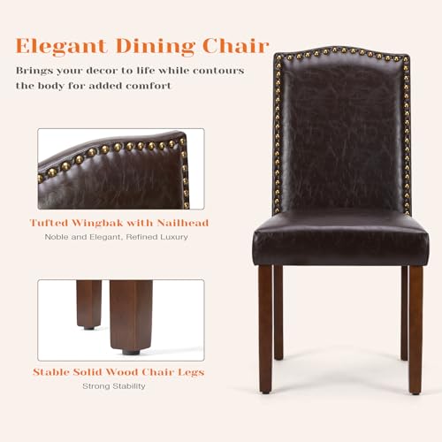 Sweetcrispy Dining Chairs Set of 6, Upholstered Leather Kitchen Room Chairs Mid Century Modern High-End Dining Room Side Chairs with Nailhead Trim and Wood Legs for Bedroom, Living Room, Brown Sweetcrispy