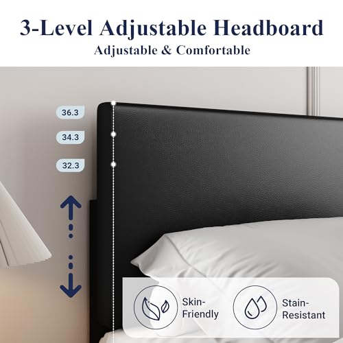 Allewie Queen Bed Frame with Adjustable Headboard, Faux Leather Platform Bed with Wood Slats, Heavy Duty Mattress Foundation, No Box Spring Needed, Noise-Free, Easy Assembly, Black Allewie