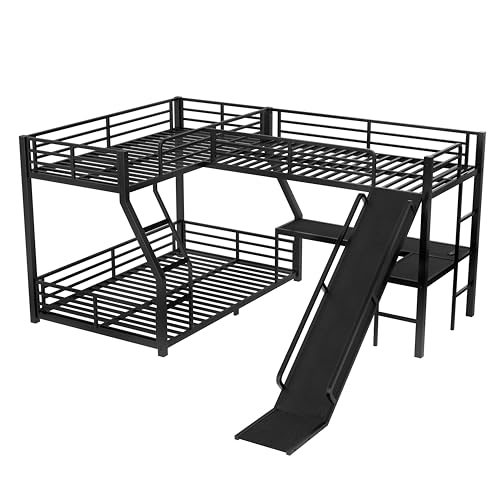 Harper & Bright Designs Triple Bunk Bed, L-Shaped Twin Over Full Bunk Bed with Twin Size Loft Bed,Metal Triple Bunk Bed with Slide and USB Ports for Apartments, Dormitories. (Black) Harper & Bright Designs