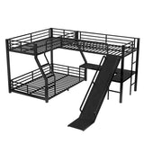 Harper & Bright Designs Triple Bunk Bed, L-Shaped Twin Over Full Bunk Bed with Twin Size Loft Bed,Metal Triple Bunk Bed with Slide and USB Ports for Apartments, Dormitories. (Black) Harper & Bright Designs