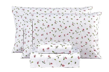 Mooreeke Full Sheets Set - 4 Pieces Soft Breathable Microfiber Bed Sheet Set - Pink Flower Green Leaf Pattern Sheet Set - Deep Pocket Non-Slip Floral Printed Fitted Sheet Included for All Season Mooreeke