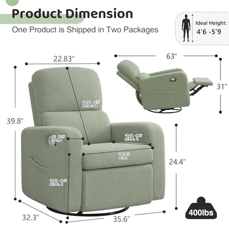 AEMEIOS Swivel Rocker Recliner, Oversized Manual Boucle Nursery Glider Rocking Recliner Chair with Removable Cushion, Upholstered Swivel Reclining Chair for Nursery Living Room Bedroom, Teddy Green AEMEIOS