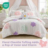 Intelligent Design Kids Full Comforter Set for Girls, Tufted Chenille Floral Comforter Set Queen, Lightweight Polka Dot Reversible Bed Set, Shams, Pillow, Gracie, Full/Queen White/Purple 4 Piece Intelligent Design