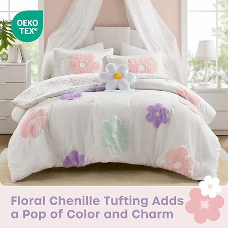 Intelligent Design Kids Full Comforter Set for Girls, Tufted Chenille Floral Comforter Set Queen, Lightweight Polka Dot Reversible Bed Set, Shams, Pillow, Gracie, Full/Queen White/Purple 4 Piece Intelligent Design
