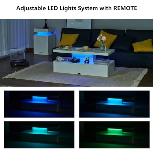 oneinmil Modern Stylish Coffee Table with 16 Colors LED Lights, Double-Layer Design for Living Room, White - WoodArtSupply