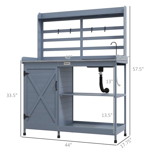 Outsunny Wooden Potting Bench, Outdoor Potting Table with Storage Cabinet, Storage Shelves for Backyard, Patio, Balcony, Gray - WoodArtSupply