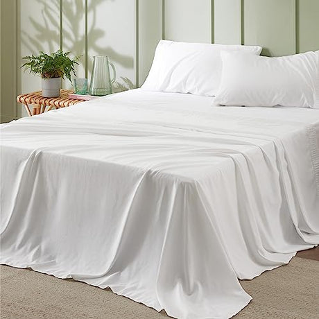 Bedsure Queen Sheet Set - 4 Pieces Soft Queen Size Sheets - Breathable & Cooling - Hotel Luxury - Easy Care Polyester Microfiber Bedding for Women, Men, Bright White Bedsure