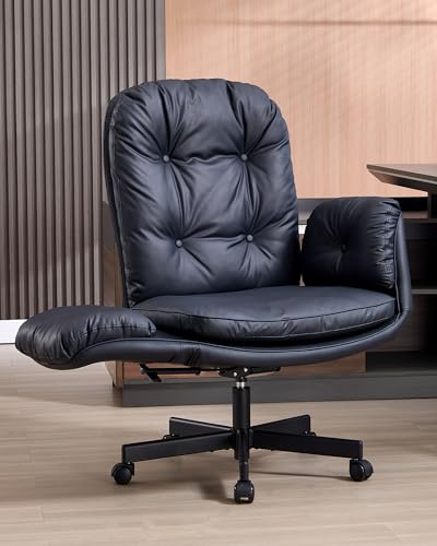 LukkDys Executive Office Chair, Big & Tall 400 lbs Capacity, Wide Seat, PU Leather, 5-Gear Lay-Flat Armrests (90°–180°) for Cross-Legged Comfort, 90–115° Recline, High Back Desk Chair, Black LukkDys