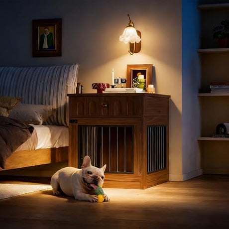 IRONCK Dog Crate Furniture, Wooden Dog Crate with Drawer and Flip-Top Storage, Indoor Dog House End Table for Small Breeds, for Living Room, Bedroom, Walnut IRONCK