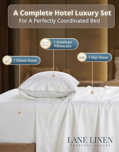 LANE LINEN Twin Sheets Set - 600 Thread Count Premium Sateen Weave for Gentle Feel On Your Skin - 100% Cotton Sheet Set for Hotel Quality Softness - Fits Mattresses Upto 15'' Deep - White LANE LINEN