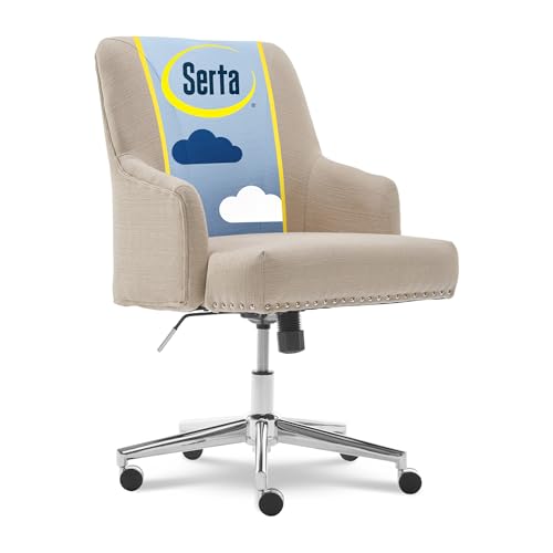 Serta Leighton Home Office Desk Chair, Mid-Back with Chrome Nailheads, Memory Foam Cushion and Padded Arms, Mid Century Modern Vanity Armchair with Wheels, Swivel Base, Twill Fabric, Stoneware Beige Serta
