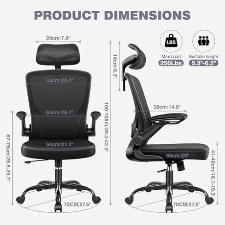 BESTFAIR Ergonomic Office Desk Chair Comfy, High Back Mesh Office Desk Chairs with Adjustable Lumbar Support, Headrest, Flip-up Armrests, Home Computer Chair for Gaming, Work, Black BESTFAIR