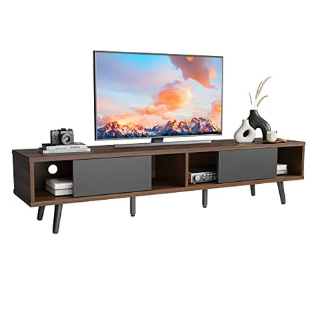 Bestier 70 inch Mid Century Modern TV Stand for 75 inch TV, Low Profile TV Stand with Storage, Entertainment Center for Living Room, Cord Management, Walnut Bestier
