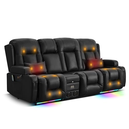 TUNYI Power Loveseat Recliner Sofa with Massage & Heat Home Theater Seating with Console RV Recliner Loveseat Sofa with USB/Storage/Side Pocket/LED Light/Speaker (Black, 3 Seat with Console)