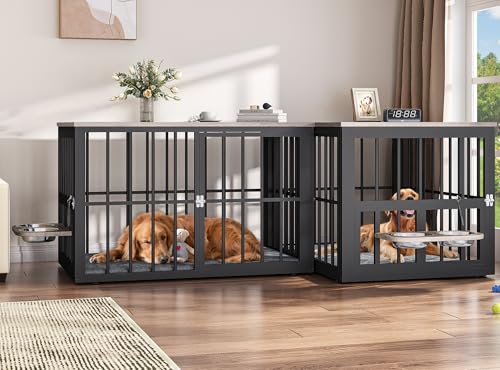 YITAHOME 88.6" Double Dog Crate Furniture, Wooden Dog Kennel with Bowls & 3 Doors, Large Double Crate Furniture TV Stand, Grey YITAHOME