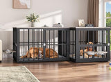 YITAHOME 88.6" Double Dog Crate Furniture, Wooden Dog Kennel with Bowls & 3 Doors, Large Double Crate Furniture TV Stand, Grey YITAHOME