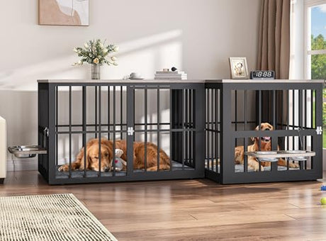 YITAHOME 88.6" Double Dog Crate Furniture, Wooden Dog Kennel with Bowls & 3 Doors, Large Double Crate Furniture TV Stand, Grey YITAHOME