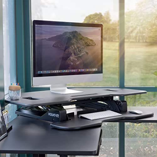 Mount-It! Corner Standing Desk Converter Height Adjustable 43” Wide Desktop, Corner Stand Up Desk with Gas Spring Lift Asssit, Stand Up Computer Workstation with Ergonomic Keyboard Tray | Black Mount-It!