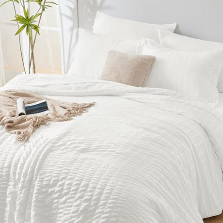 CozyLux Twin Comforter Set with Sheets 5 Pieces, White Seersucker Textured Bed in a Bag for Girls, Luxury Soft Bedding Set with Down Alternative Comforter, Sheets, Pillowcase & Sham for All Seasons CozyLux