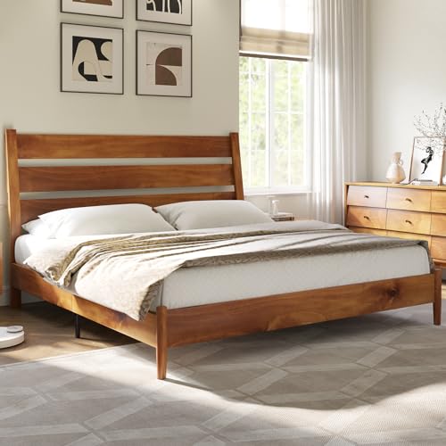 AMERLIFE King Size Mid Century Solid Wood Bed Frame with Reclining Headboard and Noise-Free Slat Support - WoodArtSupply