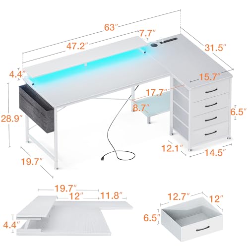 ODK 63-Inch Reversible L-Shaped Computer Desk with 4 Drawers, Gaming Desk with LED Lights & USB Power Outlets, Corner Office Desk with CPU Shelf & Monitor Stand, Study/Writing Table for Bedro - WoodArtSupply