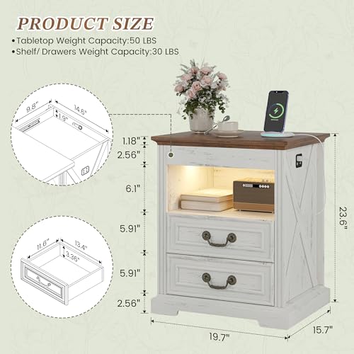 Dystler Night Stand with Gun Drawer, Bedside Table with LED Light & Human Sensor, Nightstand Gun Safe with 2 Drawers for Bedroom, Farmhouse End Table with Charger Station, Antique White Dystler