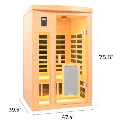2 Person Hemlock Wood Ultra-Low EMF Far Infrared Sauna For Home, Indoor Home Sauna Spa With 1750w, 9 Heating Plates, LCD Control Panel, 2 Bluetooth Speakers, 3 Chromotherapy Lights, 2 Reading Lights